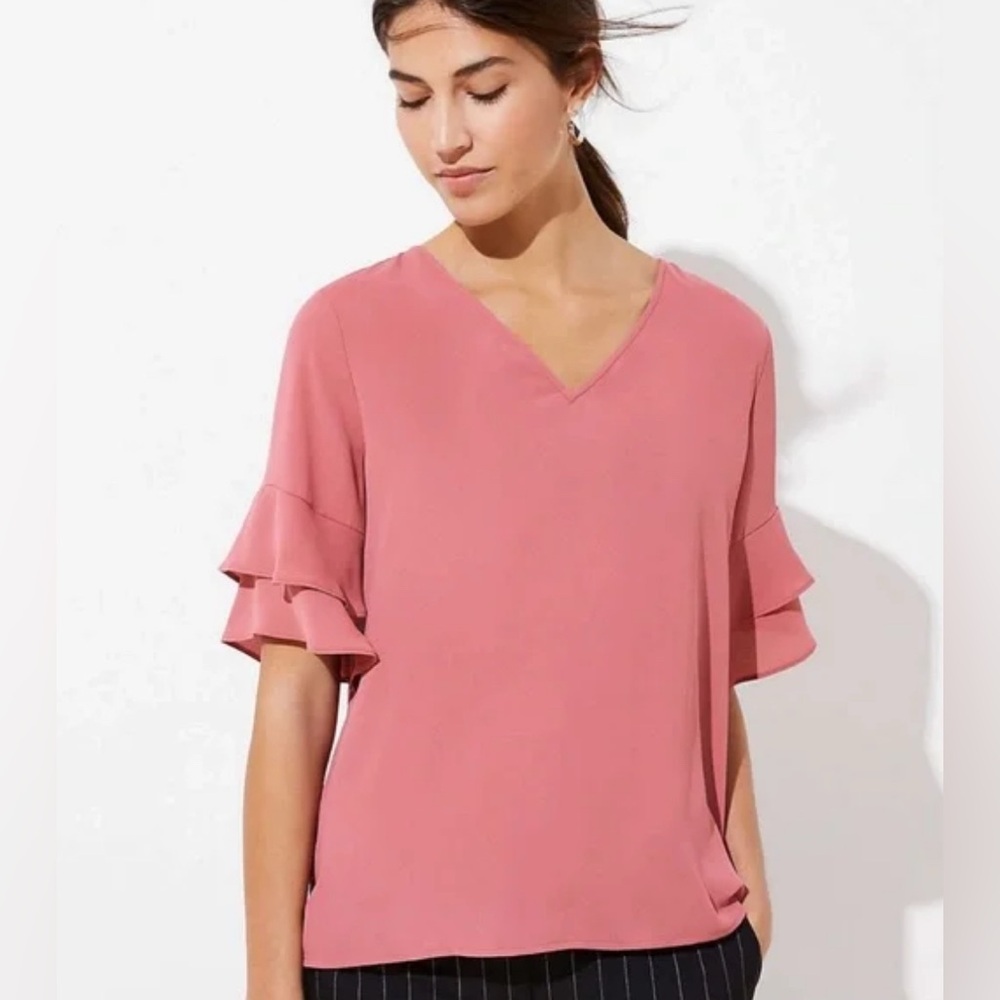 LOFT Women's Ruffle Sleeve Top - Coral / Salmon  Medium